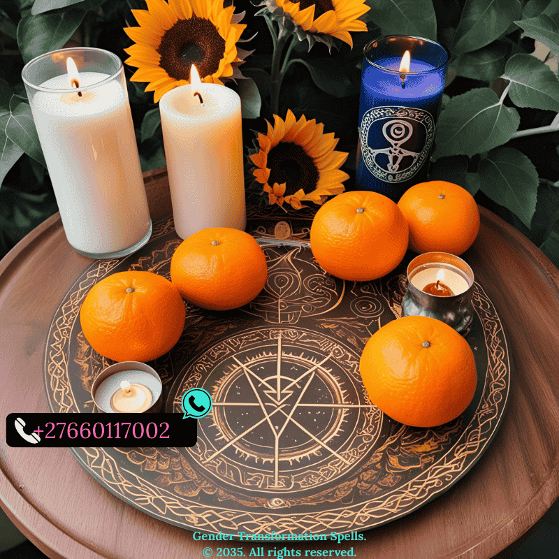 Gender altar with oranges, candles, sigils, and sunflowers. (2)
