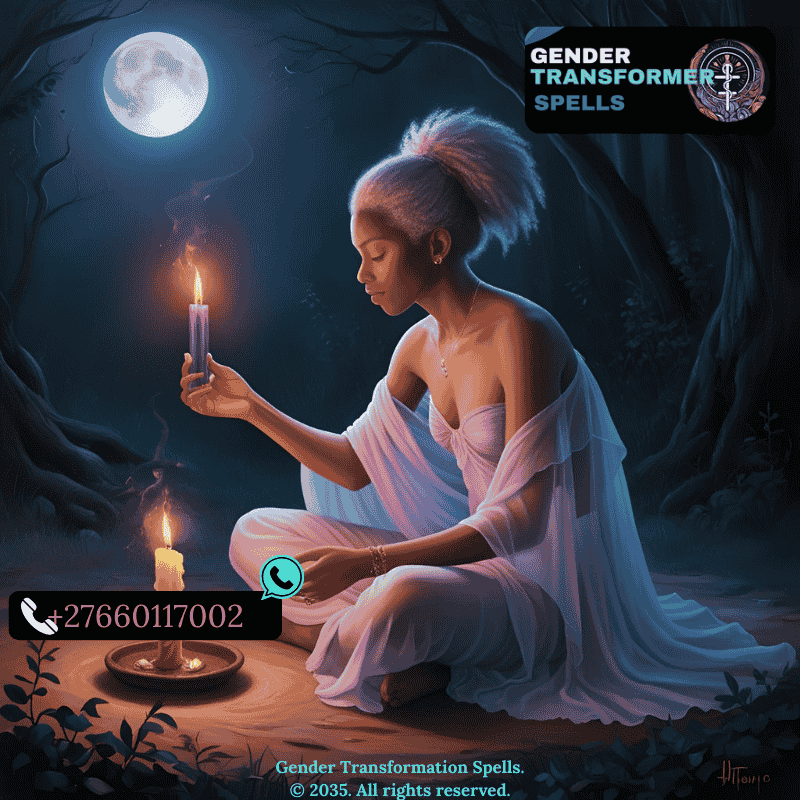 Gender fluid person lighting dual-colored candle in moonlit spell ritual. (2)