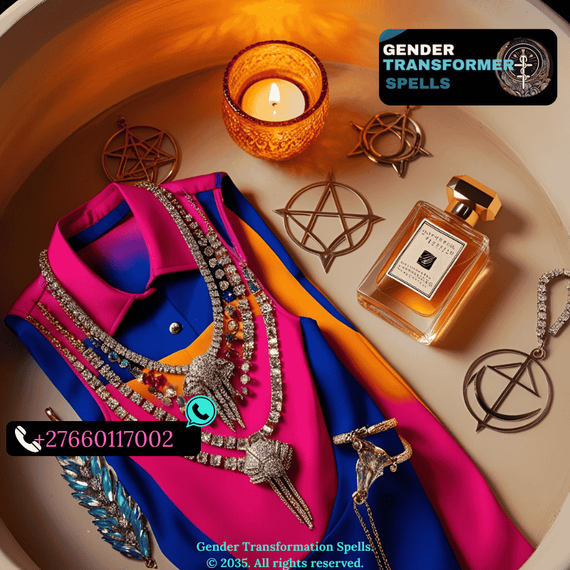 Laid-out outfit with jewelry, perfume, and style sigils beside a small altar. (2)