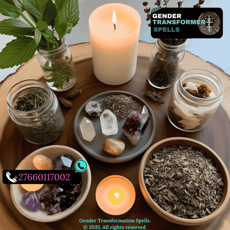 Magical altar for hormonal activation with herbs, crystals, and candles.