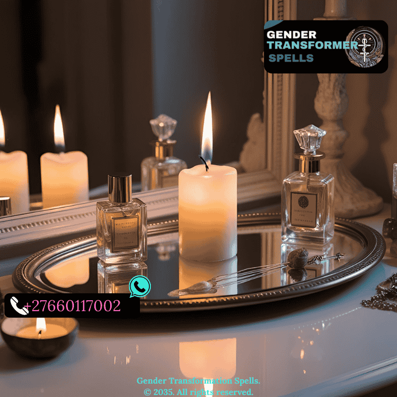 Mirror altar with candle, perfume, and daily gender ritual tools. (1)