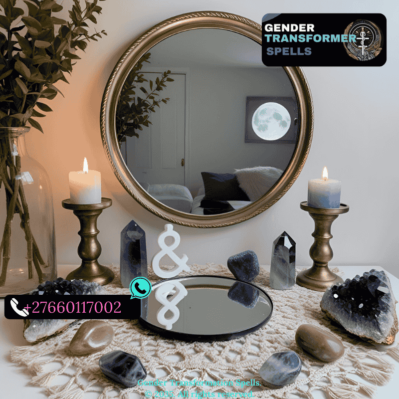 Mirror altar with crystals, gender symbols, and moonlight. (1)