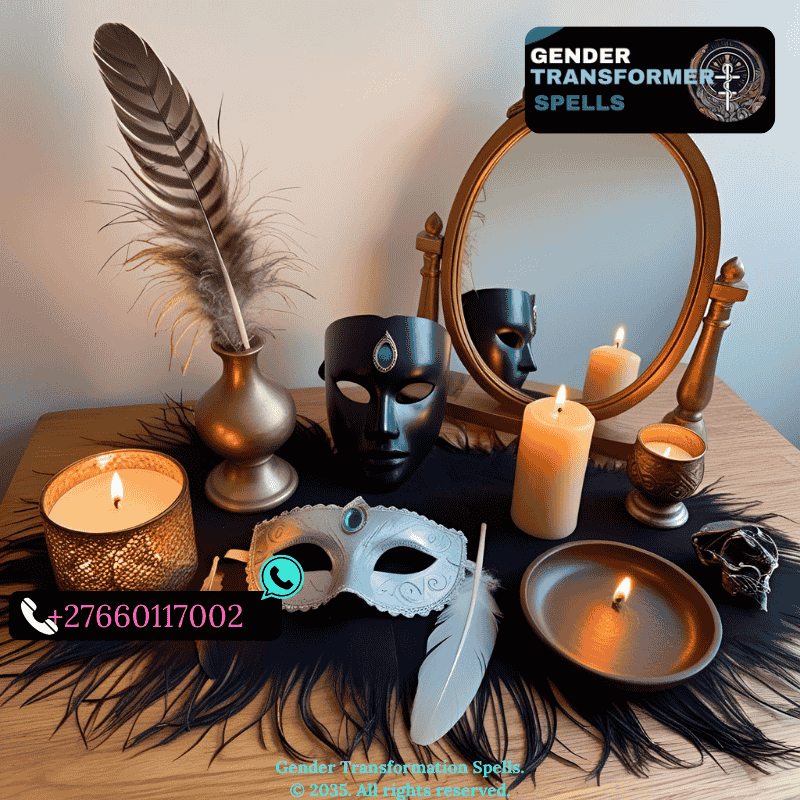 Ritual altar with feather, mask, candle, and mirror for shapeshifting ceremony. (1)
