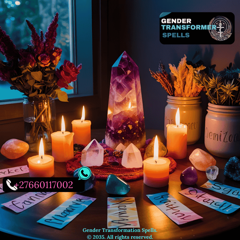 Shared altar space with crystals, candles, names, and gender-affirming symbols. (3)