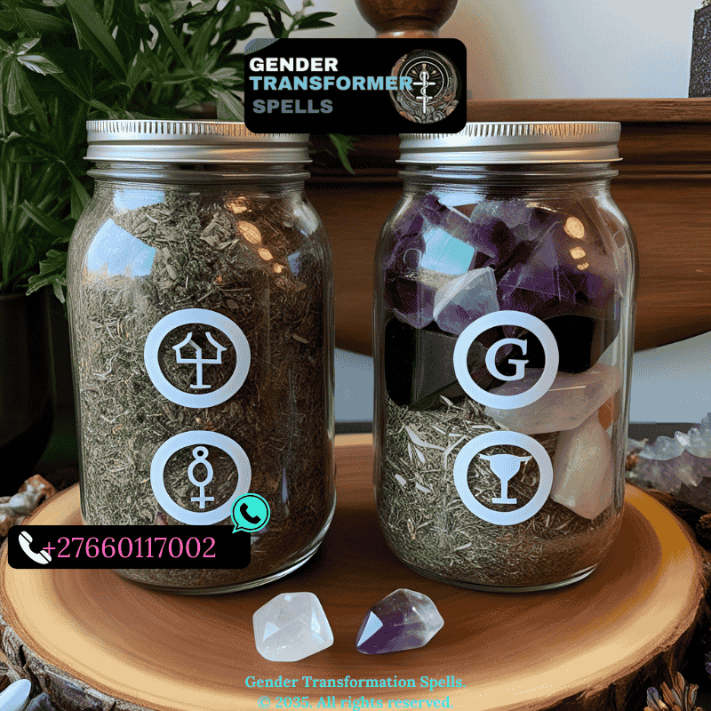 Spell jars with herbs, crystals, and gender symbols on an altar (1)