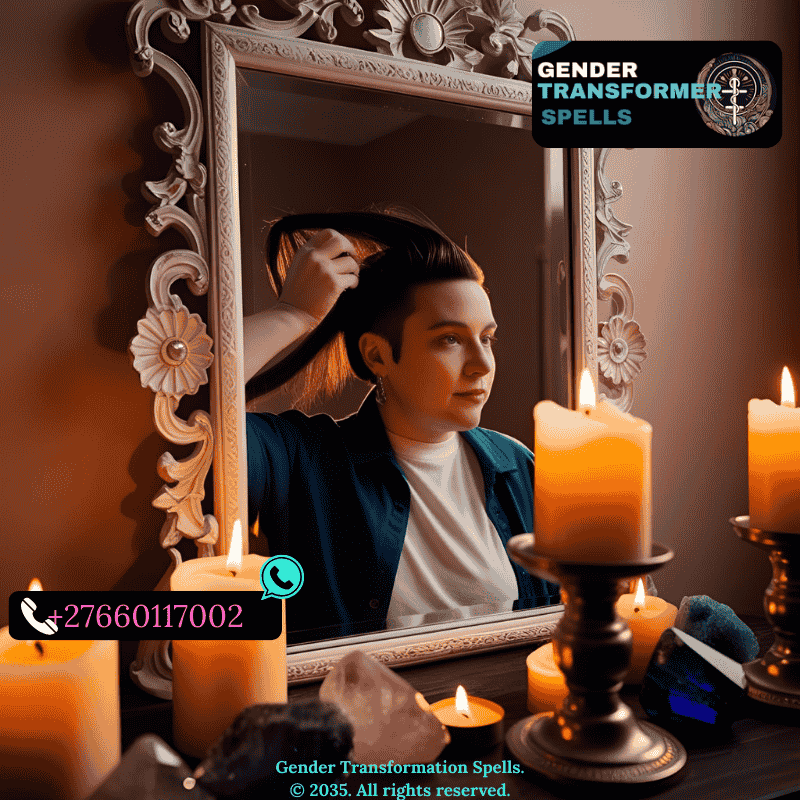 Trans person styling hair in front of mirror with candles and crystals nearby.