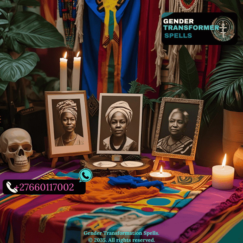 Altar with ancestral photos, candle, and gender symbols (1)