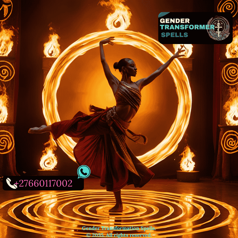 Dancer mid-spin in a ritual space, surrounded by gold light and fire symbols.