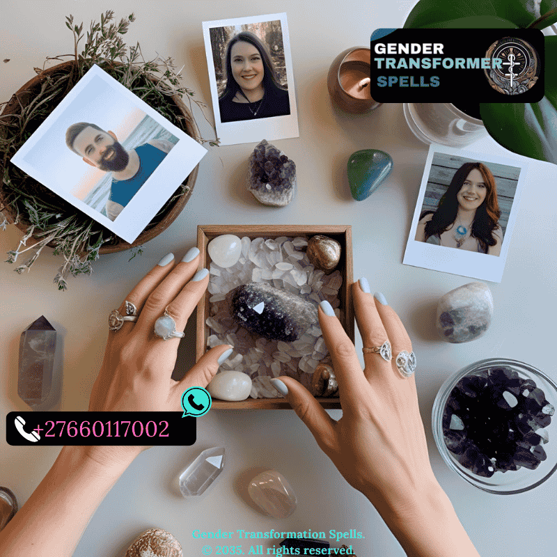 Hands arranging crystals and photos on a small altar dedicated to gender transition (1)