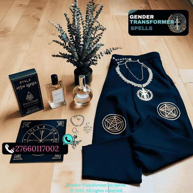 Laid-out outfit with jewelry, perfume, and style sigils beside a small altar. (3)
