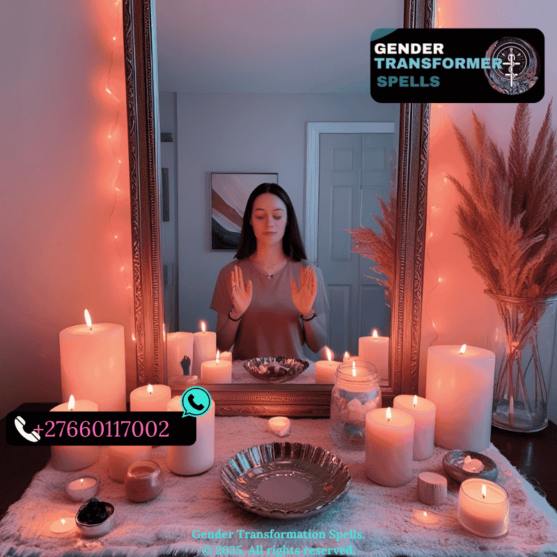 Personal altar with candles, affirmations, and soft pink light surrounding a mirror (1)