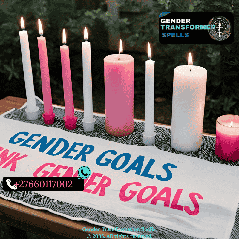 Pink and white candles lit with written gender goals on altar cloth (2)