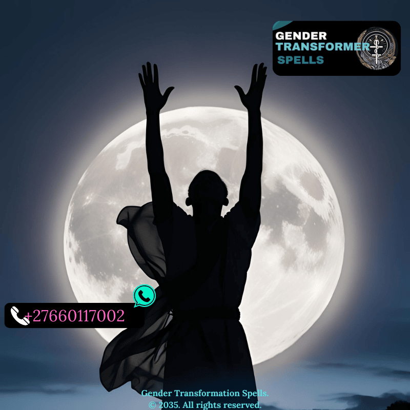 Silhouette of a person raising arms toward the full moon during ritual.