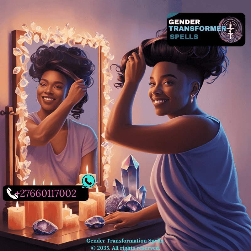 Trans person styling hair in front of mirror with candles and crystals nearby. (1)