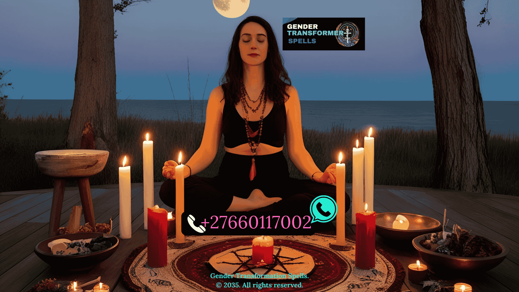 full moon gender shift ritual with moonlit altar, candles, and ritual circle